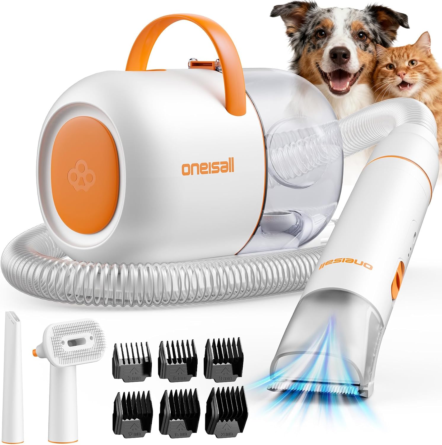 Kit Oneisall LM2 blanco y naranja con depósito, manguera, cortadora, cepillo y peines guía, junto a un perro y un gato
